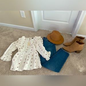 Cream and Brown Ruffled Peplum Top